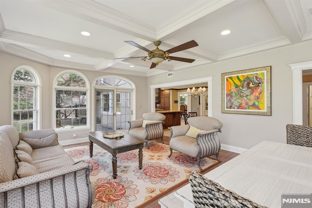 living area with recessed lighting, coffered ceiling, baseboards, ornamental molding, and beam ceiling