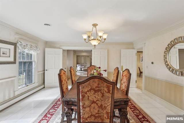 dining area featuring crown molding, a notable chandelier, a baseboard radiator, visible vents, and light tile patterned flooring