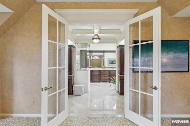 hall featuring light speckled floor, french doors, beam ceiling, and baseboards