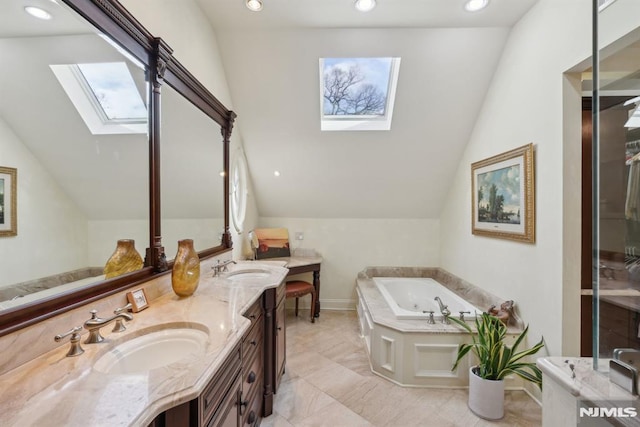 full bath featuring recessed lighting, a garden tub, a sink, and double vanity