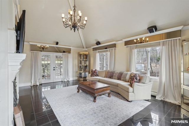 living area with high vaulted ceiling, granite finish floor, a chandelier, and french doors