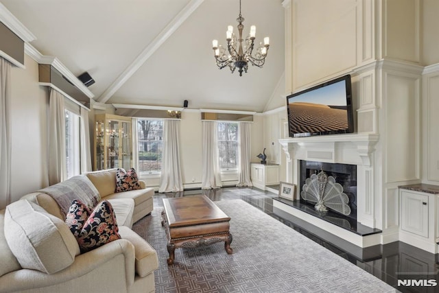 living area with a fireplace with raised hearth, an inviting chandelier, crown molding, high vaulted ceiling, and a decorative wall