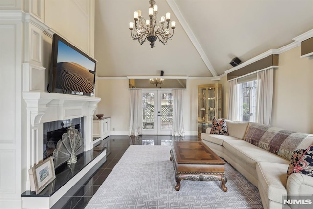 living room featuring a chandelier, dark tile patterned flooring, french doors, and crown molding