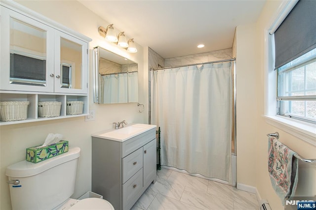 full bathroom featuring baseboards, toilet, a shower with curtain, marble finish floor, and vanity