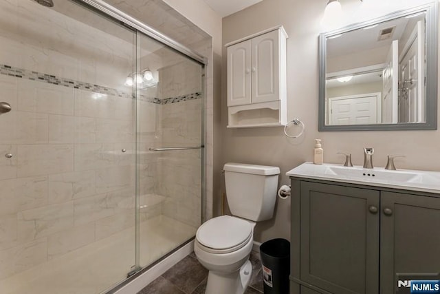 bathroom featuring visible vents, a stall shower, toilet, and vanity