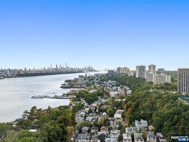 aerial view featuring a view of city and a water view