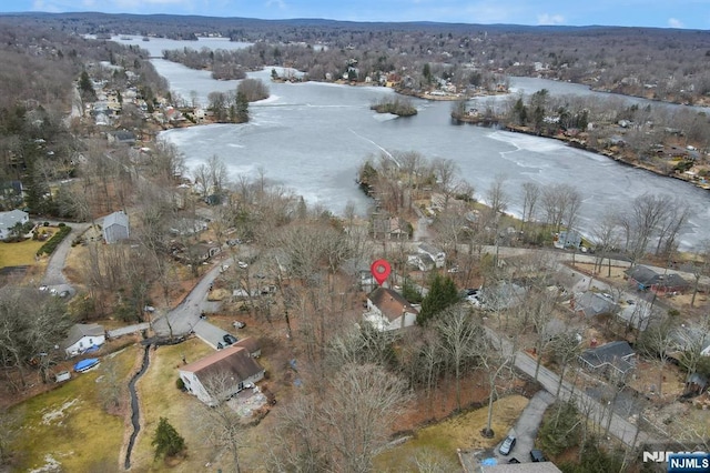 aerial view with a water view and a forest view