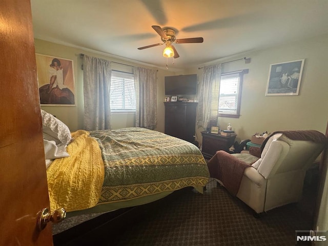 bedroom featuring multiple windows and ceiling fan