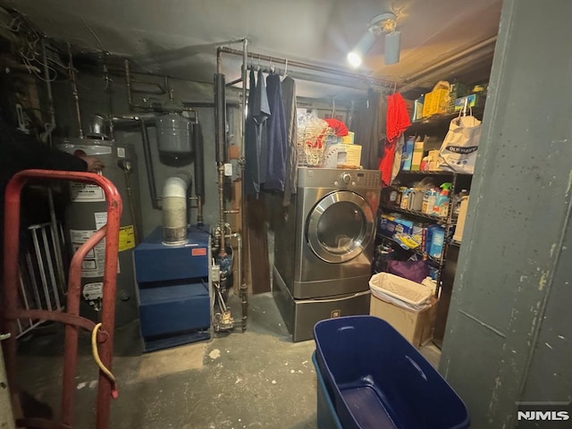 interior space featuring laundry area, washer / clothes dryer, gas water heater, and a heating unit