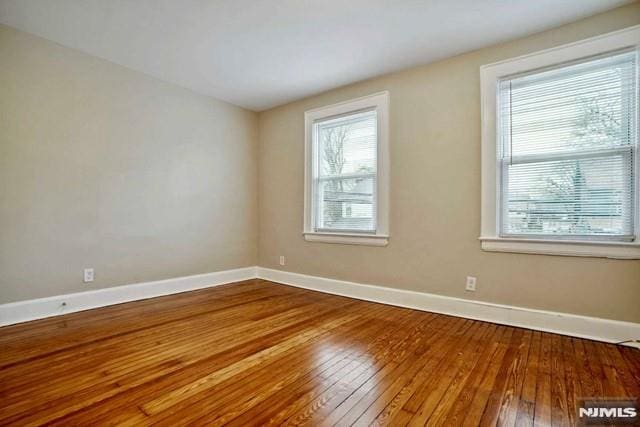 unfurnished room with baseboards, a healthy amount of sunlight, and wood-type flooring