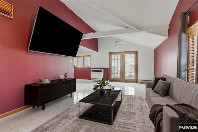 living room featuring tile patterned floors, visible vents, heating unit, french doors, and vaulted ceiling with beams