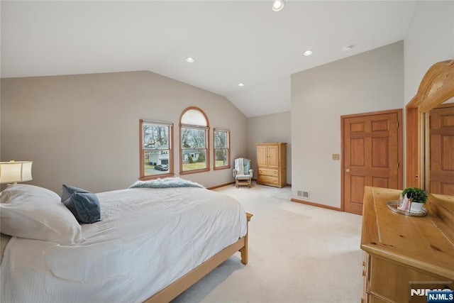 bedroom featuring lofted ceiling, recessed lighting, light colored carpet, visible vents, and baseboards