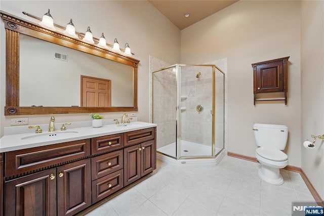 full bathroom featuring toilet, a stall shower, a sink, and visible vents