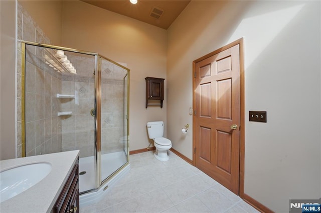 bathroom with visible vents, toilet, a stall shower, vanity, and tile patterned flooring