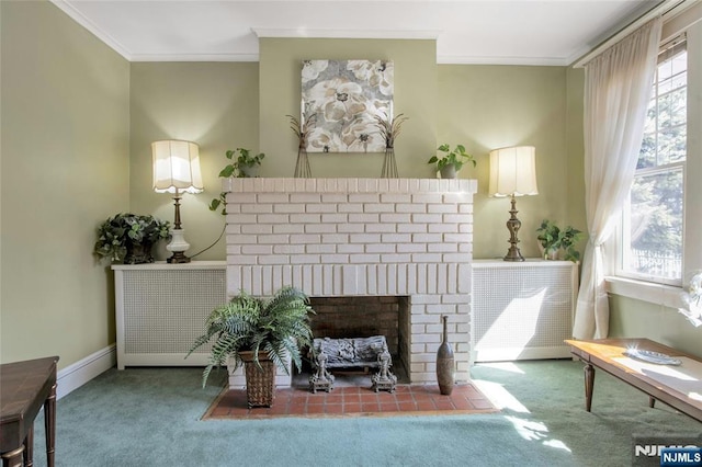 carpeted living room with a wealth of natural light, baseboards, a brick fireplace, and ornamental molding