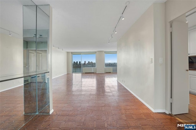 spare room featuring track lighting, baseboards, and expansive windows