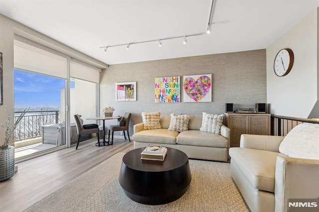 living room featuring rail lighting, an accent wall, and wood finished floors