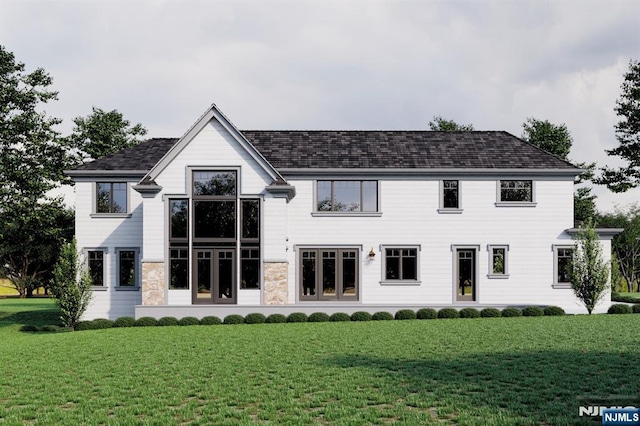 view of front of property with stone siding and a front lawn