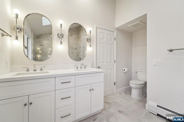 full bath with a sink, toilet, visible vents, and a baseboard radiator