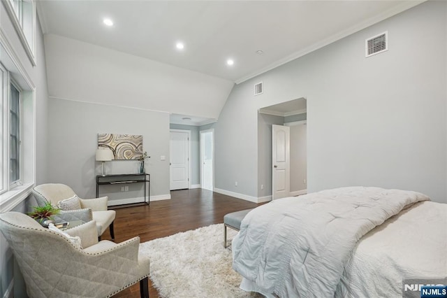 bedroom with visible vents, baseboards, recessed lighting, ornamental molding, and dark wood-type flooring