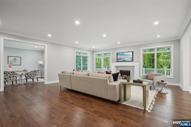 living room featuring baseboards, a lit fireplace, dark wood finished floors, and ornamental molding