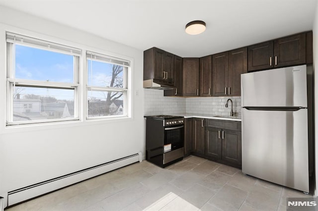 kitchen featuring a sink, stainless steel appliances, dark brown cabinetry, under cabinet range hood, and a baseboard heating unit