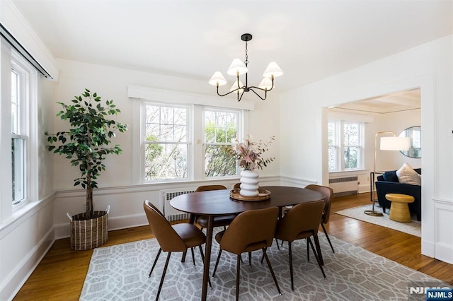 dining area with an inviting chandelier, radiator, wood finished floors, and baseboards