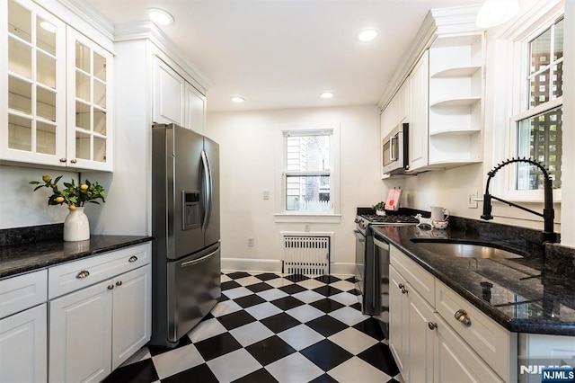 kitchen featuring open shelves, a sink, radiator heating unit, stainless steel appliances, and dark floors