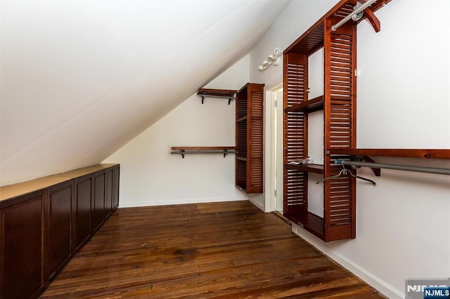 spacious closet with wood-type flooring and vaulted ceiling