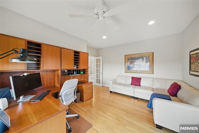 office area with recessed lighting, french doors, light wood-type flooring, and ceiling fan