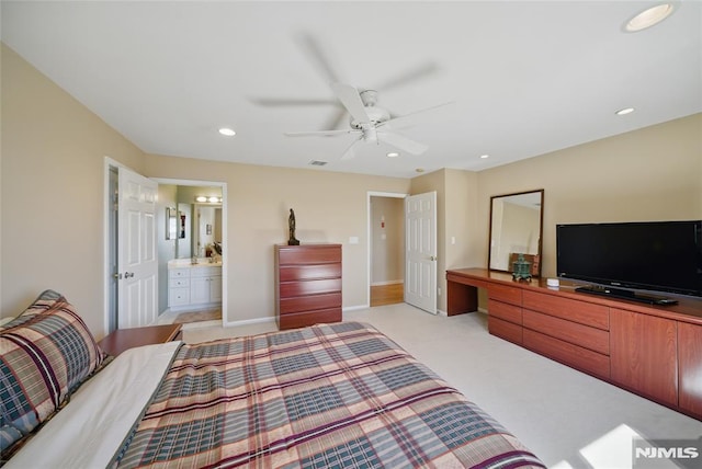 bedroom featuring visible vents, recessed lighting, light colored carpet, and baseboards