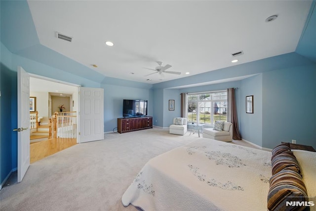 carpeted bedroom featuring recessed lighting, baseboards, and visible vents