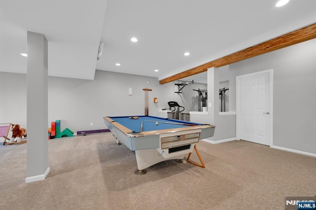 game room featuring light carpet, recessed lighting, and baseboards