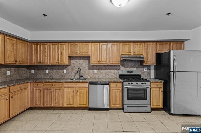 kitchen with dark stone counters, a sink, under cabinet range hood, appliances with stainless steel finishes, and backsplash