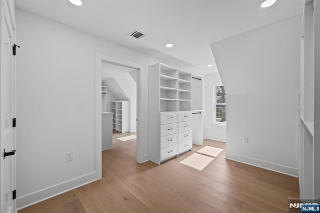 unfurnished bedroom with recessed lighting, visible vents, baseboards, and light wood-style floors