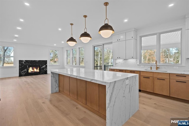 kitchen featuring light wood finished floors, a premium fireplace, tasteful backsplash, and a sink