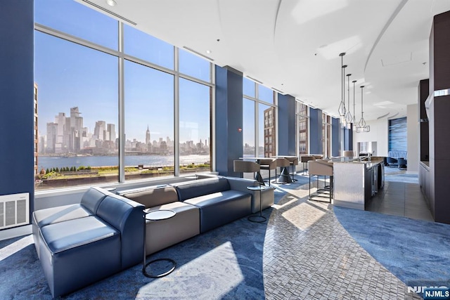 lobby with a view of city and visible vents