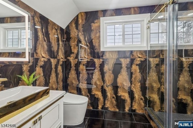 bathroom featuring a shower with door, toilet, vanity, and vaulted ceiling