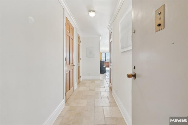 corridor featuring ornamental molding, baseboards, and stone tile flooring