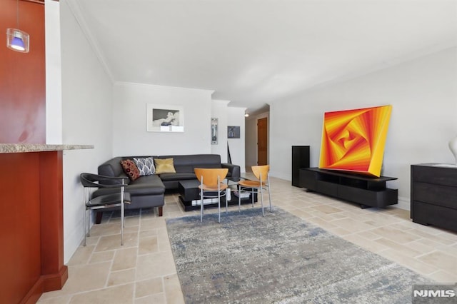 living room with crown molding, baseboards, and stone finish flooring