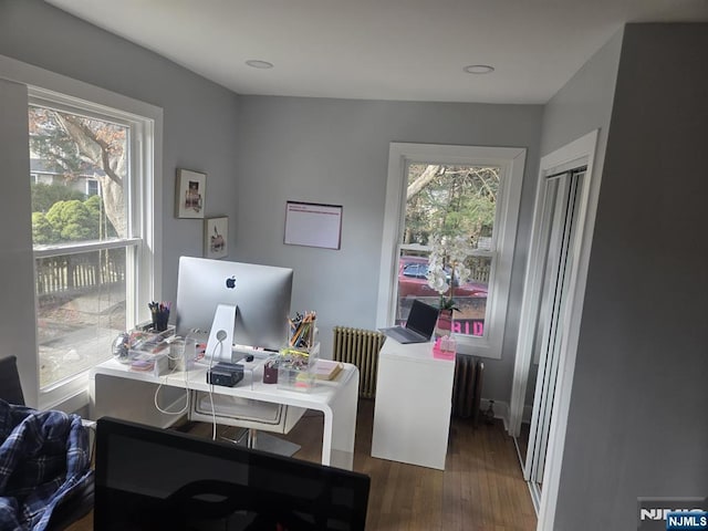 office space with a wealth of natural light, radiator, and wood finished floors