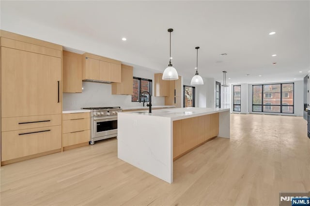 kitchen with modern cabinets, stainless steel range, light brown cabinets, and light wood-style floors