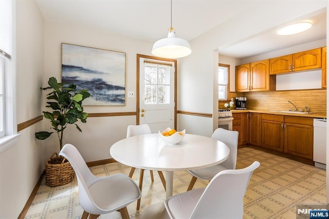 dining area featuring baseboards and light floors