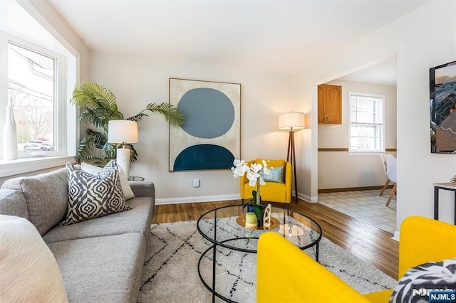 living area with baseboards and wood finished floors