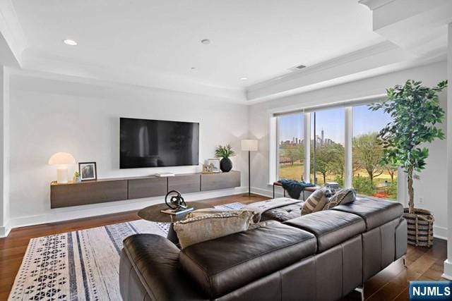 living area featuring a tray ceiling, wood finished floors, and baseboards