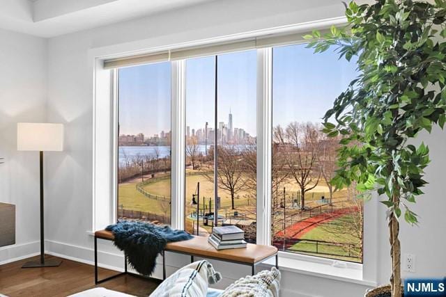 interior space with a city view, baseboards, and dark wood-style flooring