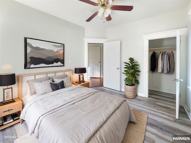 bedroom featuring a spacious closet, baseboards, wood finished floors, a closet, and a ceiling fan