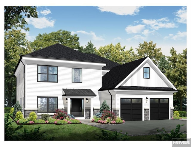 view of front of house with a garage, stone siding, roof with shingles, and concrete driveway