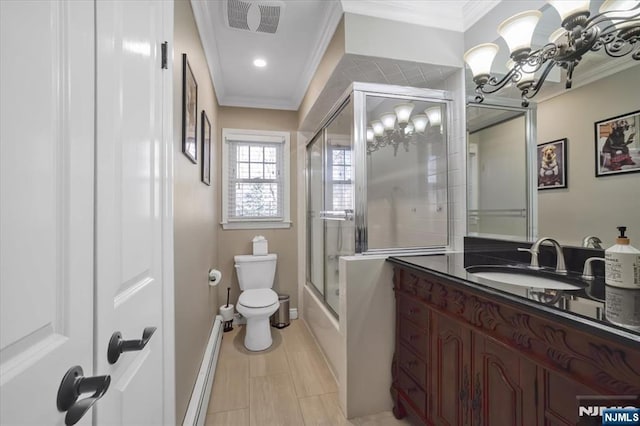 bathroom featuring visible vents, toilet, ornamental molding, and vanity