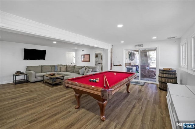 playroom featuring pool table, recessed lighting, wood finished floors, and visible vents